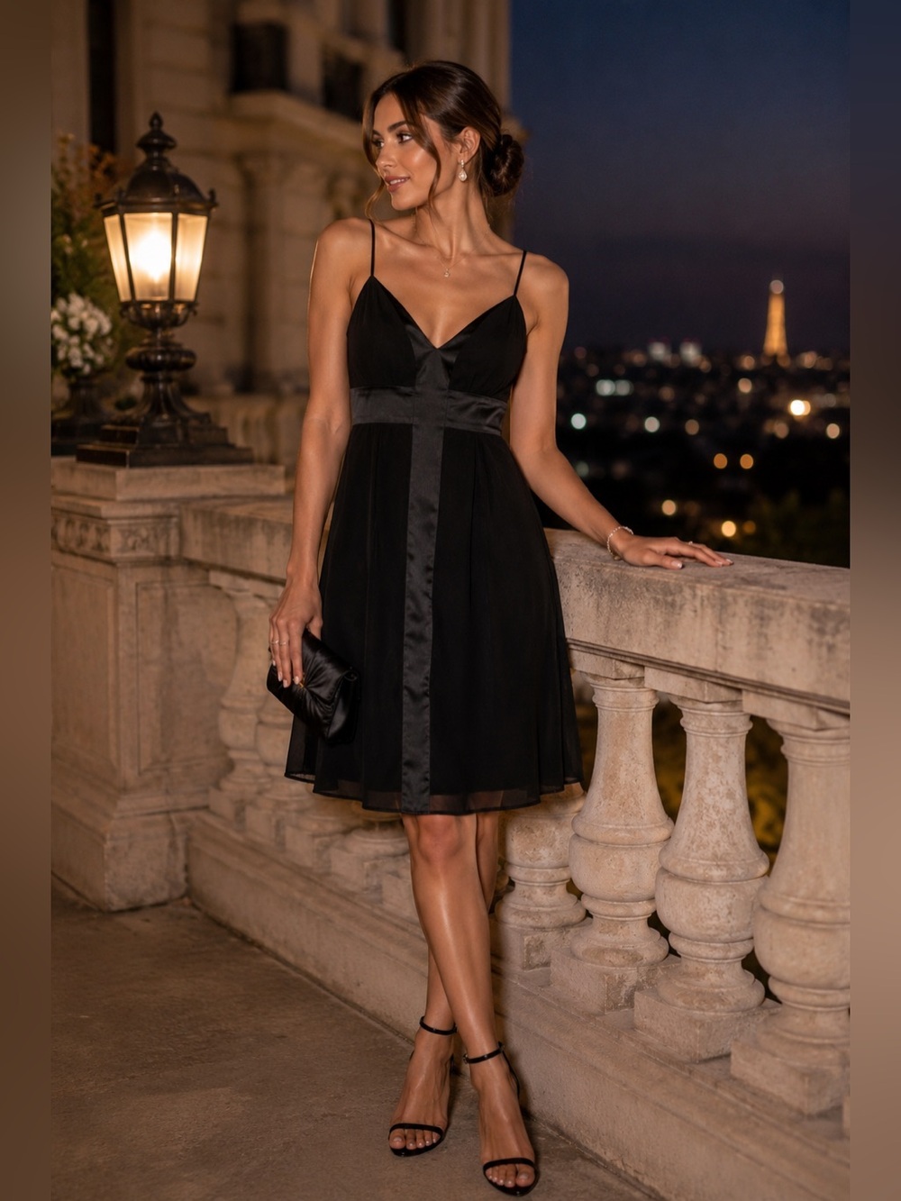 Bisou Bisou Black Satin Trim Empire Waist Cocktail Dress Sz 6 Little Black Dress